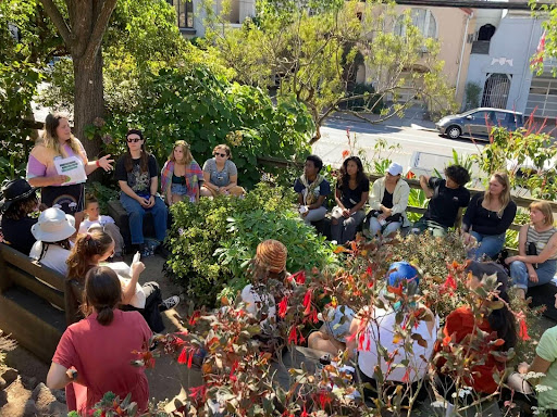 People sitting in a circle in a neighborhood garden