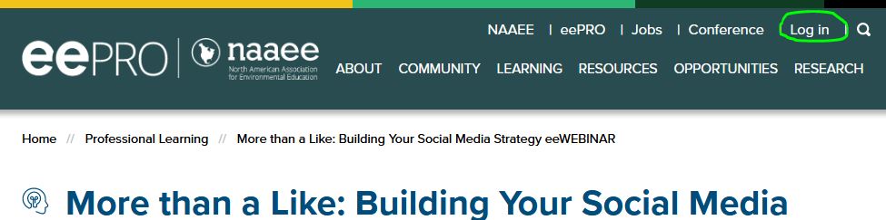 Screengrab of eePRO website header with the words "Log in" circled in green.