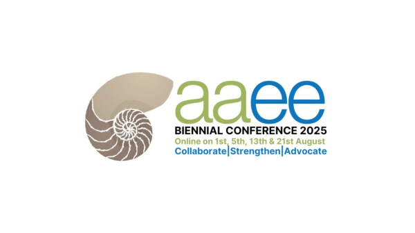 AAEE logo, graphic of an ammonite fossil on the left, text on the right reads "aaee, Biennial Conference 2025, Online on 1st, 5th, 13th & 21st August, Collaborate | Strengthen | Advocate"