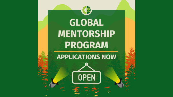 Graphic stating "Global Mentorship Program - Applications Open" on a green square with mountain silhouettes