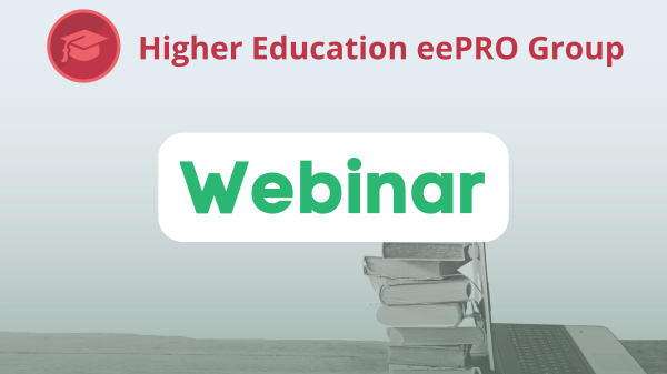Icon of a red graduation cap in a darker red circle with red text on the right that says, "Higher Education eePRO Group." Under that in green text is "Webinar." A grayscale photo of a laptop screen propped by a stack of books lying on a table.