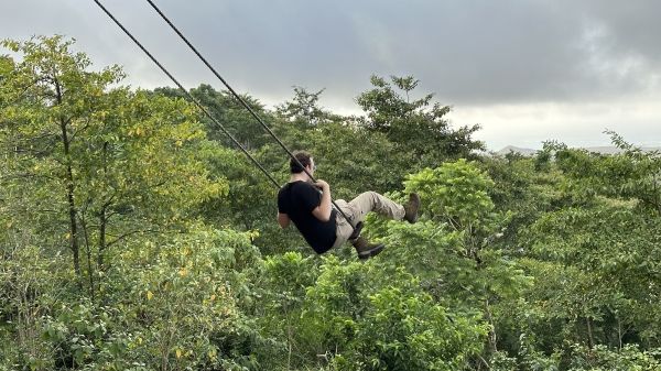 Person on a swing, enjoying a sweeping view of trees in the Galapagos Highlands