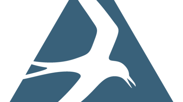 Blue triangle with Tern flying over the words Mass Audubon