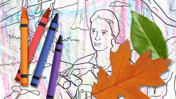 A coloring page featuring Jane Goodall with crayon scribbles under it; above this four crayons are on the left: orange, red, blue, and purple; on the right is a green smooth leaf and an orange leaf with multiple pointed tips