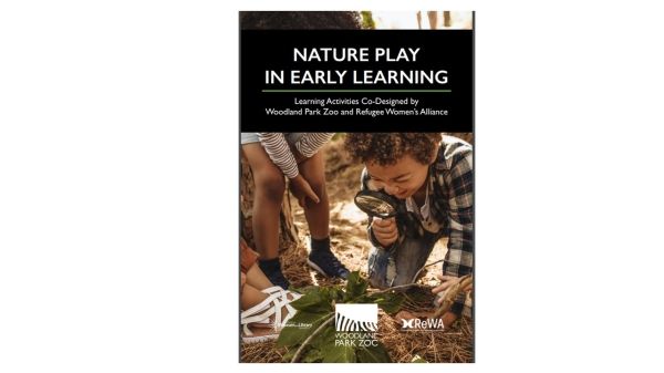 The title, "NATURE PLAY IN EARLY LEARNING," is large and prominent, with a slightly darker text color.  Underneath, smaller text specifies "Learning Activities Co-Designed by Woodland Park Zoo and Refugee Women's Alliance."    The visual portion of the image features a young child, likely preschool age, with dark hair, crouched down on the ground, engaging in a learning activity. 
