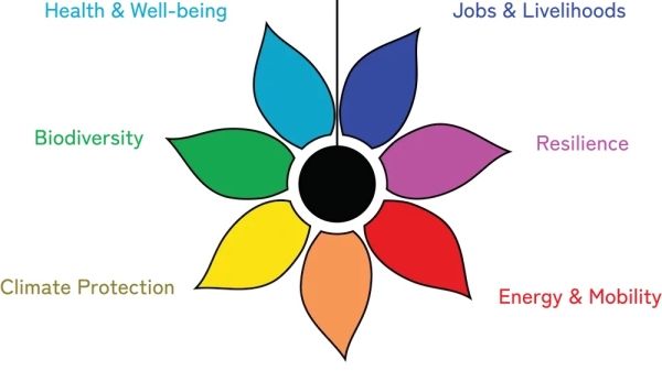 A graphic of a flower with different colored petals