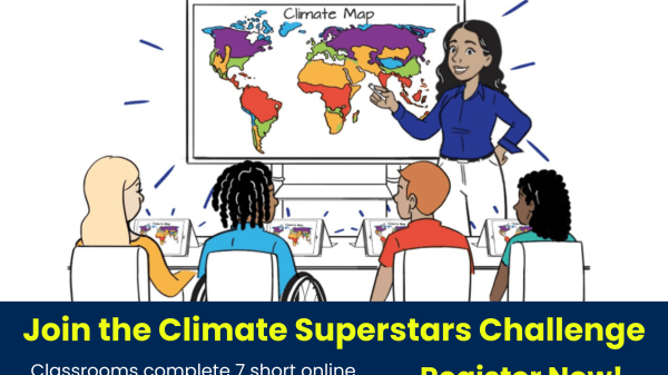 White background with an illustration of four students facing a teacher who is pointing at a world map