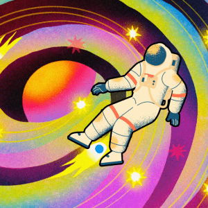 A colorful illustrated depiction of an astronaut in front of a swirling galaxy of stars and a central planet