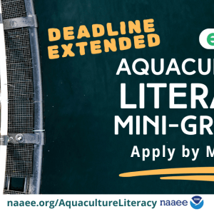 Aerial photo of a circular fish farm by a body of water. On the right is the text, “eeBLUE,” layered on top of a white rounded rectangle. Below is white text that says, “Aquaculture Literacy Mini-Grants. Apply by March 15.” White border at the bottom with dark green text “naaee.org/AquacultureLiteracy,” and NAAEE and NOAA logos to the right.