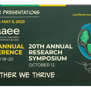 Text that says, "52nd Annual Conference: October 18–20. 20th Annual Research Symposium: October 12" against a forest green background with an illustration of the world held aloft by a pair of hands.