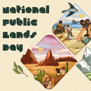 Illustration with fun lettering that reads, "National Public Lands Day." To the right are hexagonal frames containing a desert landscape, a seascape, a mountain scene, and a river in a forest.