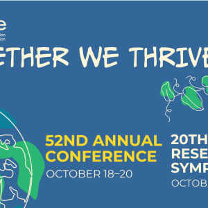 Sketch illustrations of Earth on the bottom left and a hand with a leaf on the top right against a blue background. The NAAEE logo on the top left next to text that says, "Together We Thrive." Bottom text says "52nd Annual Conference. 20th Annual Research Symposium"