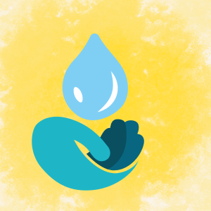 An illustrated hand cups a large drop of water on a yellow background. 