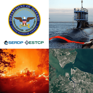 Grid of four images showing, from top-left clockwise, the Department of Defense emblem, a submarine surfacing, aerial view of a bay, and a wildfire