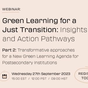 Light tan graphic with black text that reads "Green Learning for a Just Transition: Insights and Action Pathways."