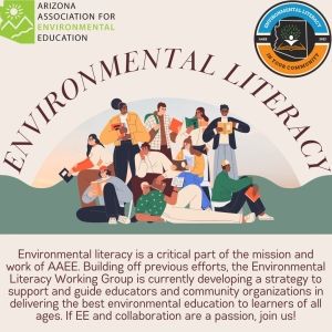 Light brown graphic with two logos at the top. The logo on the left is the AAEE logo and the one on the right is the Environmental Literacy in Your Community logo. Under that is brown text, "Environmental Literacy" arching over an illustration of various people standing and sitting while reading or holding a book. Under the illustration is more text, "Environmental literacy is a critical part of the mission and work of AAEE." Text continues in post.