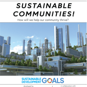Smithsonian, Science for Global Goals, Sustainable Communities! How will we help our community thrive? Image of glass skyscrapers with trees growing on rooftops, blue sky and clouds. Sustainable Development Goals, developed by Smithsonian Science Education Center, in collaboration with sap Science Health Policy, the InterAcademy partnership