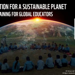 Photo of a circle of students layered on a photo of a globe
