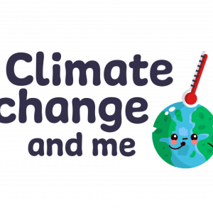 White background with gray text that says, "Climate change an me" next to an illustration of Earth sweating with a thermometer indicating heat rising