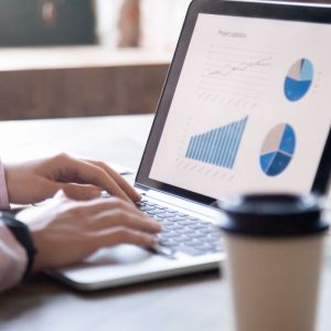 Close up of hands on a laptop keyboard. Laptop displays bar graphs and pie charts.