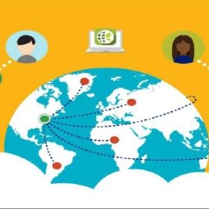 illustration of earth with people in bubbles over clouds representing networking
