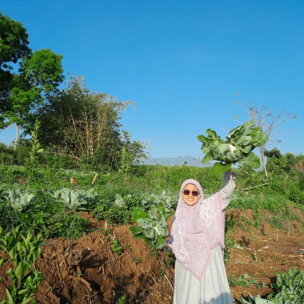 Ike Novitasari holds up a bunch of lettuce from a garden