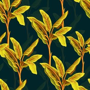 Pattern of golden leaves on deep green background